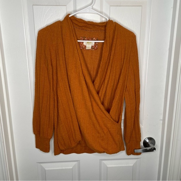 Maeve Rafela Hacci Surplice Top in Gold Bohemian Comfy Cozy Oversized XS - Picture 3 of 14